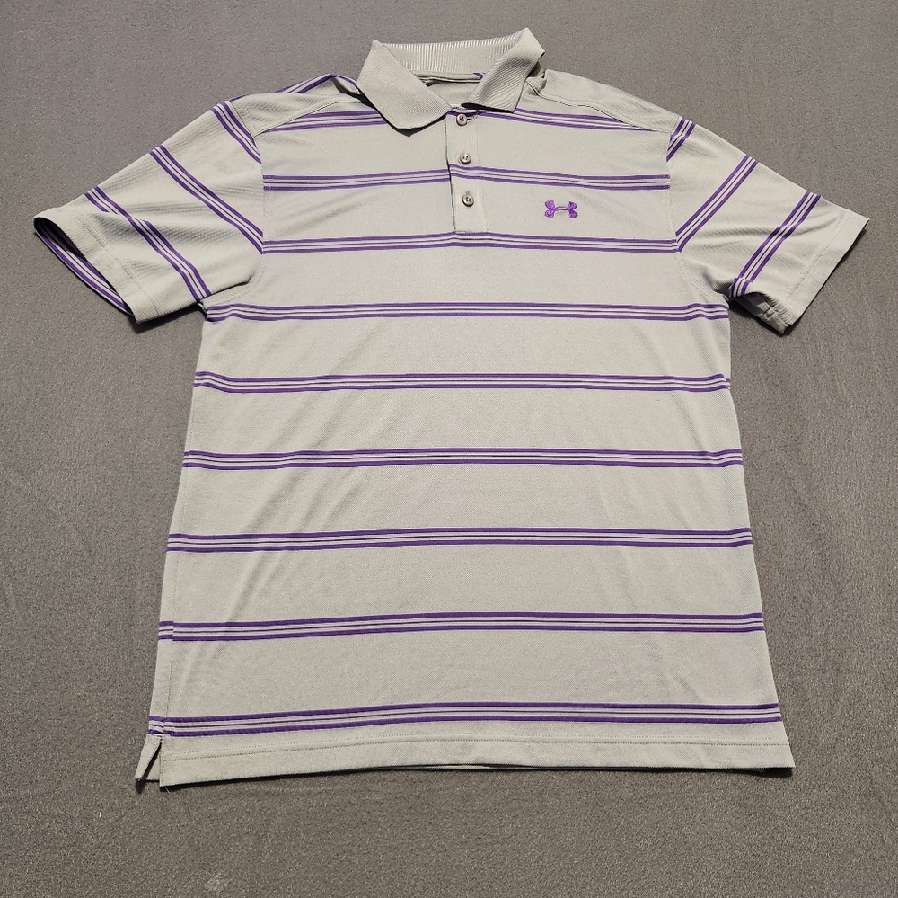 Under armour Polo Mens Size Large Gray & Purple Stripes Heatgear Loose